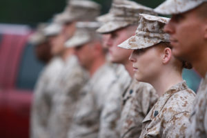 Quantico, Virginia, United States - August, 2 2010: Formation of Marines with select focus on the Woman Marine.