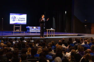 Mike Domitrz speaking to high school students about teen dating violence prevention and healthy relationships