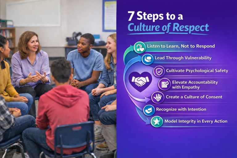 Students and teacher in a circle discussion demonstrating active listening, alongside a graphic showing the 7 steps to a school culture of respect including listening, vulnerability, safety, accountability, consent, recognition, and integrity.