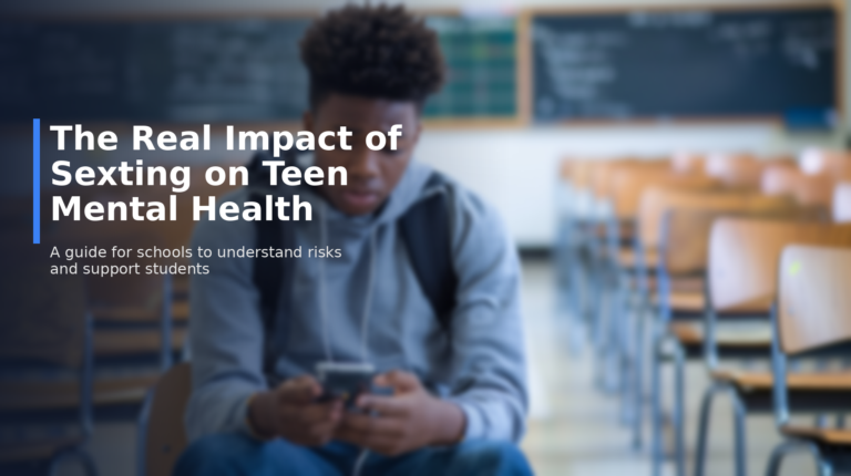 Teen student in classroom looking concerned at phone highlighting sexting and teen mental health risks