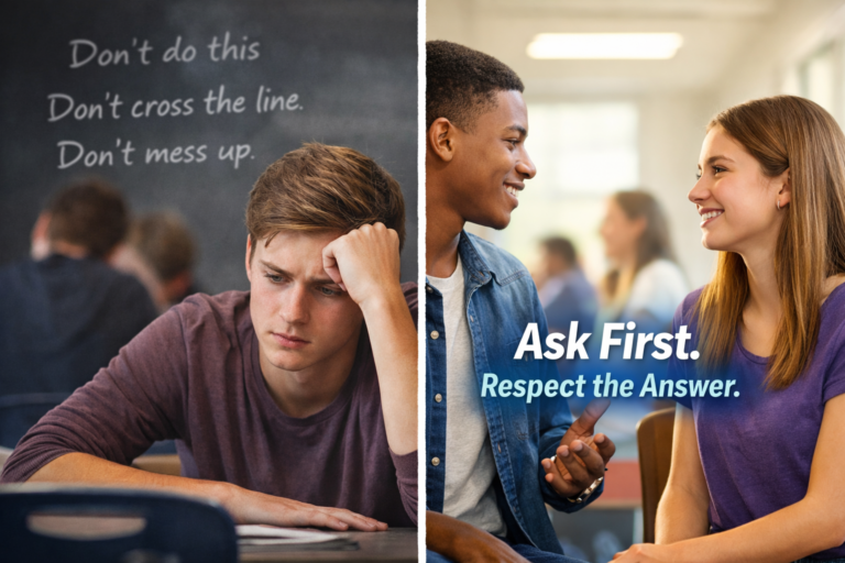 Teen relationship skills vs ‘don’t do it’ messaging showing confused student on one side and respectful conversation with ‘Ask First. Respect the Answer.’ on the other