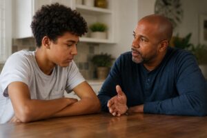 Parent having a respectful conversation with teenager about healthy boundaries and behavior