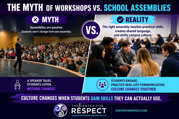 Split-screen comparison of a high school assembly and student workshop discussing the myth of workshops vs school assemblies and how assemblies can change school culture.