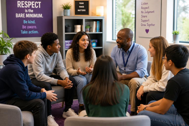Diverse group of teens seated in a conversation circle actively listening and sharing while a facilitator guides the discussion by listening rather than lecturing in a warm, modern classroom environment focused on respect, inclusion, and psychological safety.
