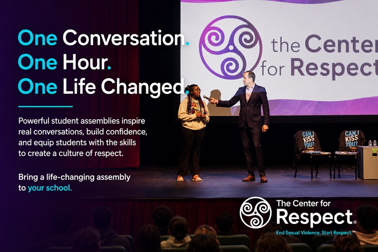 Hall of Fame speaker Mike Domitrz speaking with a student volunteer during a Center for Respect school assembly about respect, consent, and healthy relationships.