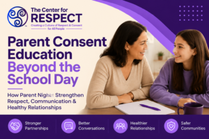 Parent and teenager discussing healthy relationships and communication as part of parent consent education and school parent nights.