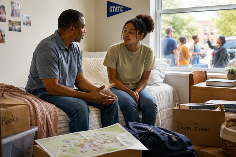 Parent having an important conversation with their college student in a residence hall room before leaving on move-in day.
