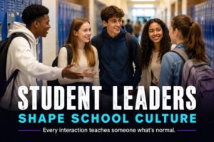 A diverse group of high school students welcomes another student into their conversation in a school hallway, illustrating how student leaders shape school culture through everyday acts of inclusion and respect.
