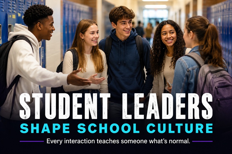 A diverse group of high school students welcomes another student into their conversation in a school hallway, illustrating how student leaders shape school culture through everyday acts of inclusion and respect.