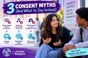 Two young adults communicating respectfully, illustrating three consent myths and what to say instead