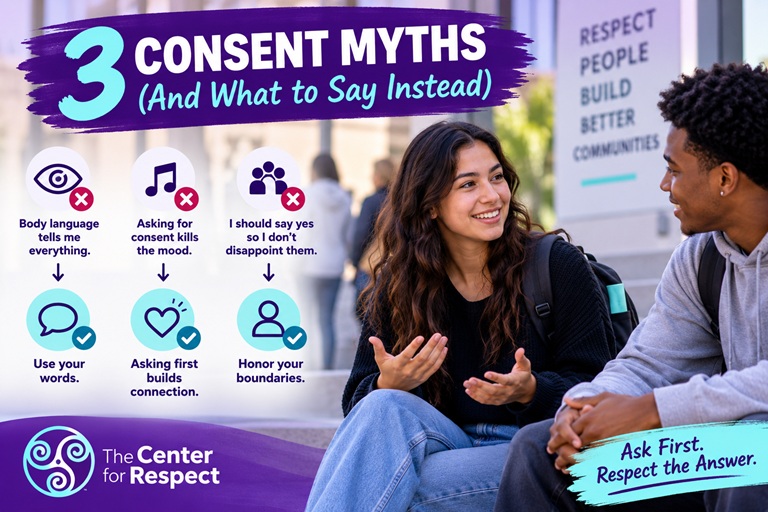 Two young adults communicating respectfully, illustrating three consent myths and what to say instead