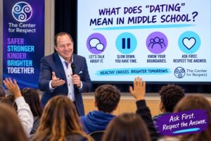 Middle school students discussing dating, consent, boundaries, and respect during an interactive school assembly.