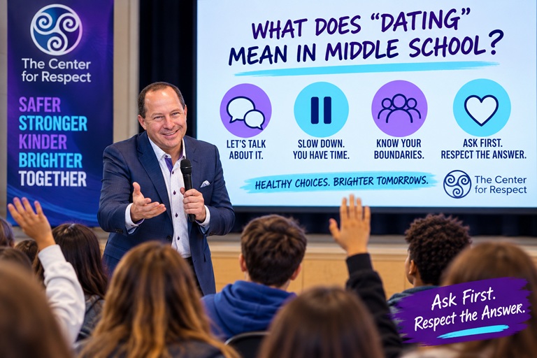 Middle school students discussing dating, consent, boundaries, and respect during an interactive school assembly.
